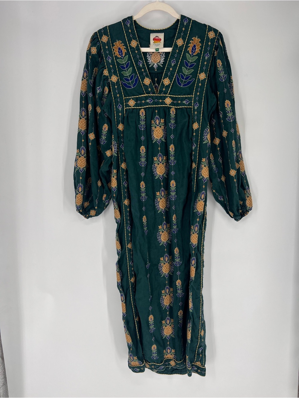FARM Rio 100% Linen Dark Green Floral Embroidered Balloon Sleeve Midi Dress XS